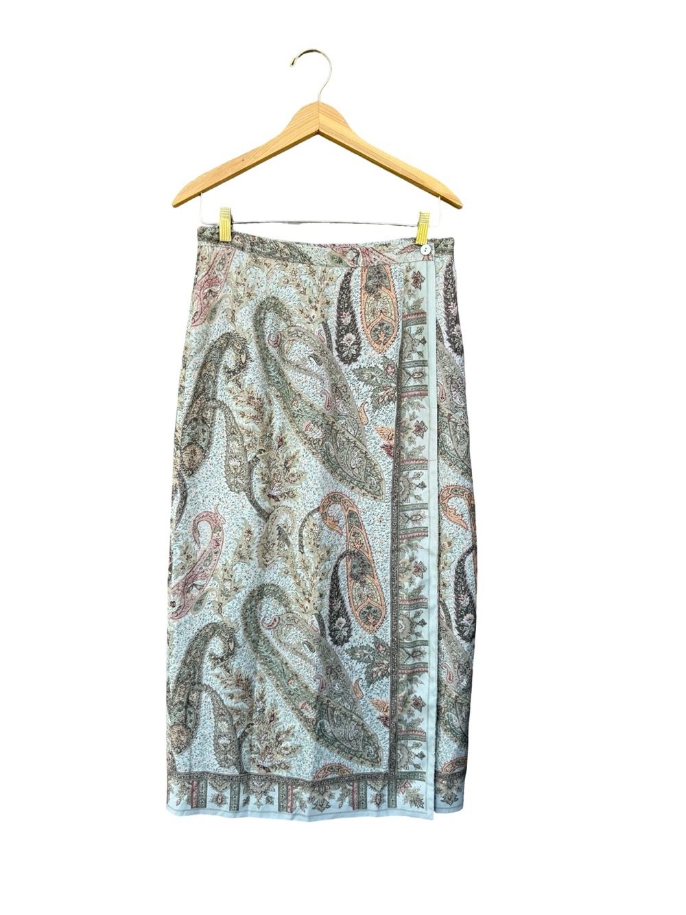Vintage Talbots 100% Silk Paisley Wrap Midi Skirt Lined Blue Boho Size 12